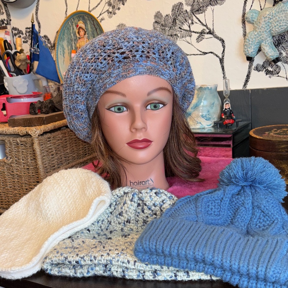 SET OF 4 knit and crochet beanie bundle. Off-white knit is fleece lined trapper